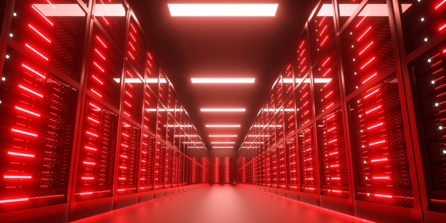 Endangered, hacked Server room interior in datacenter, red lights. 3D Render